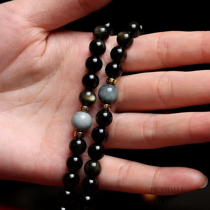 BWOOOH 108 Mala Beads Gold Sheen Obsidian Tiger Eye Eagle&