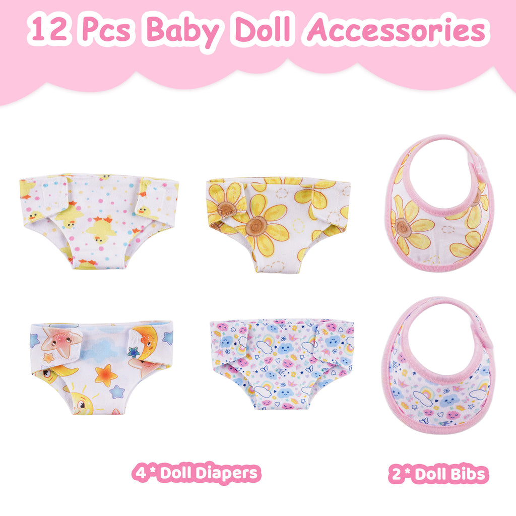 12" - 16" Bibs and Diapers 12 Pcs Reborn Baby Doll Accessories Set