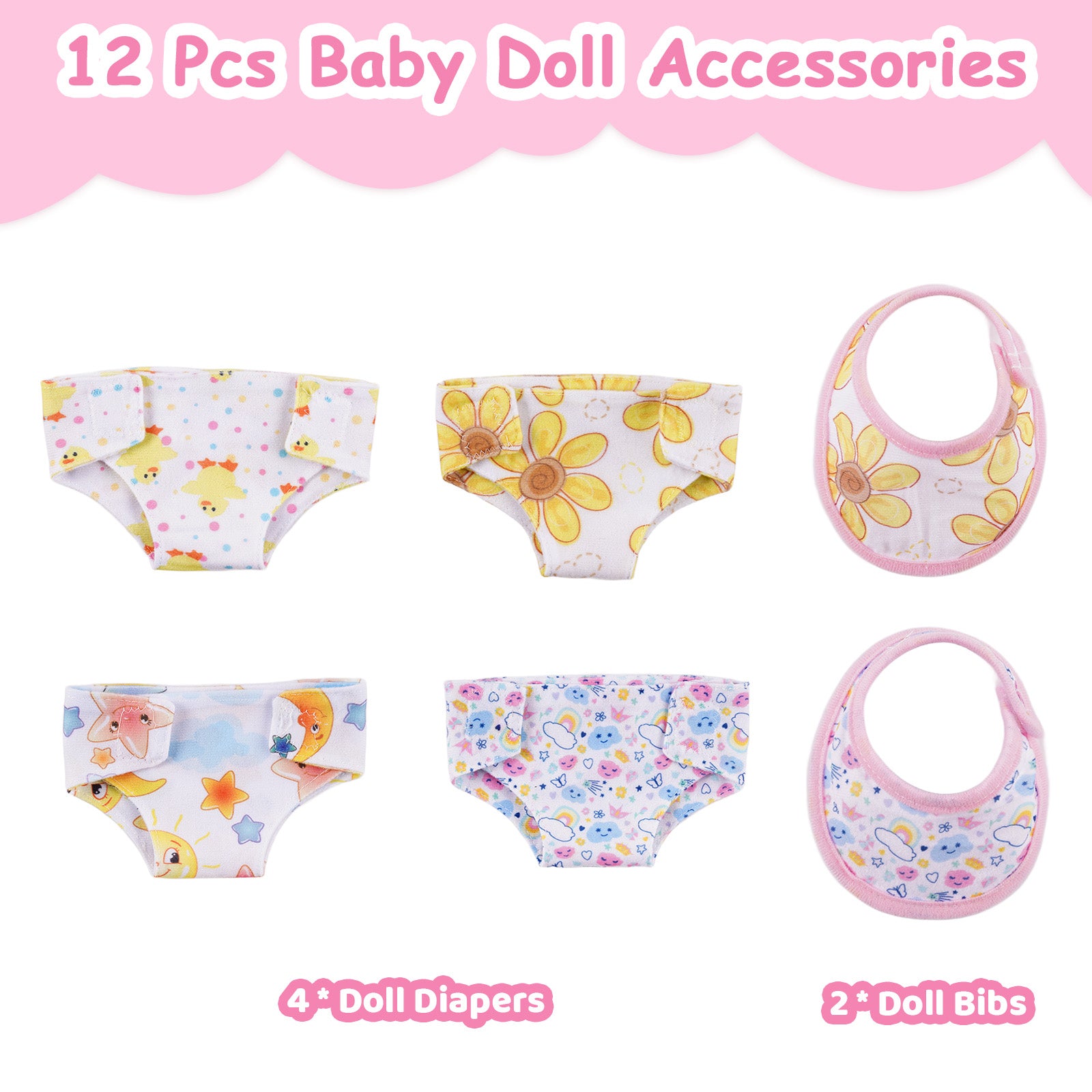 12" - 16" Bibs and Diapers 12 Pcs Reborn Baby Doll Accessories Set