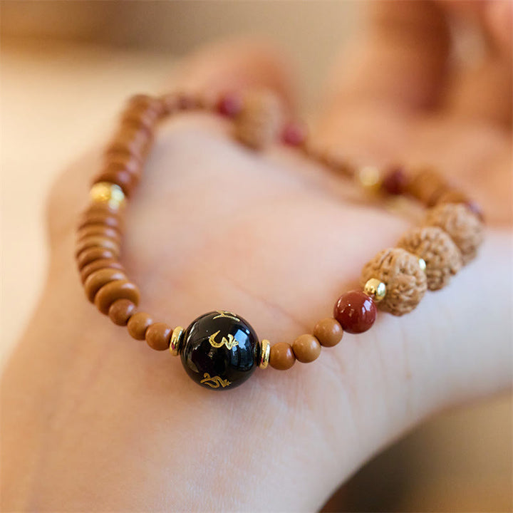 BWOOOH Tibetan Bodhi Seed Black Onyx Smoky Quartz Om Mani Padme Hum Fu Character Wealth Bracelet