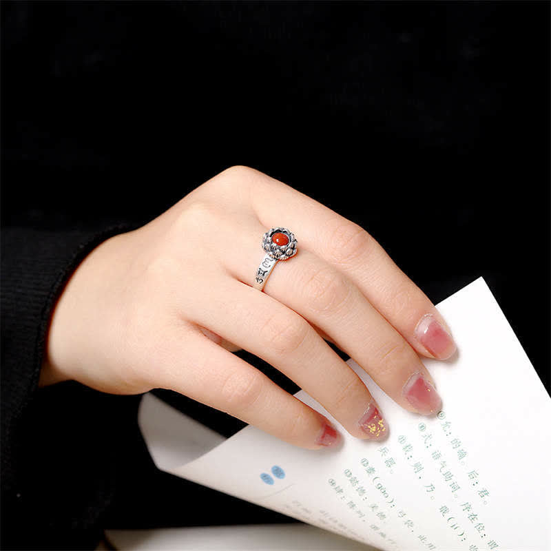 BWOOOH925 Sterling Silver Lotus Red Agate Confidence Blessing Ring