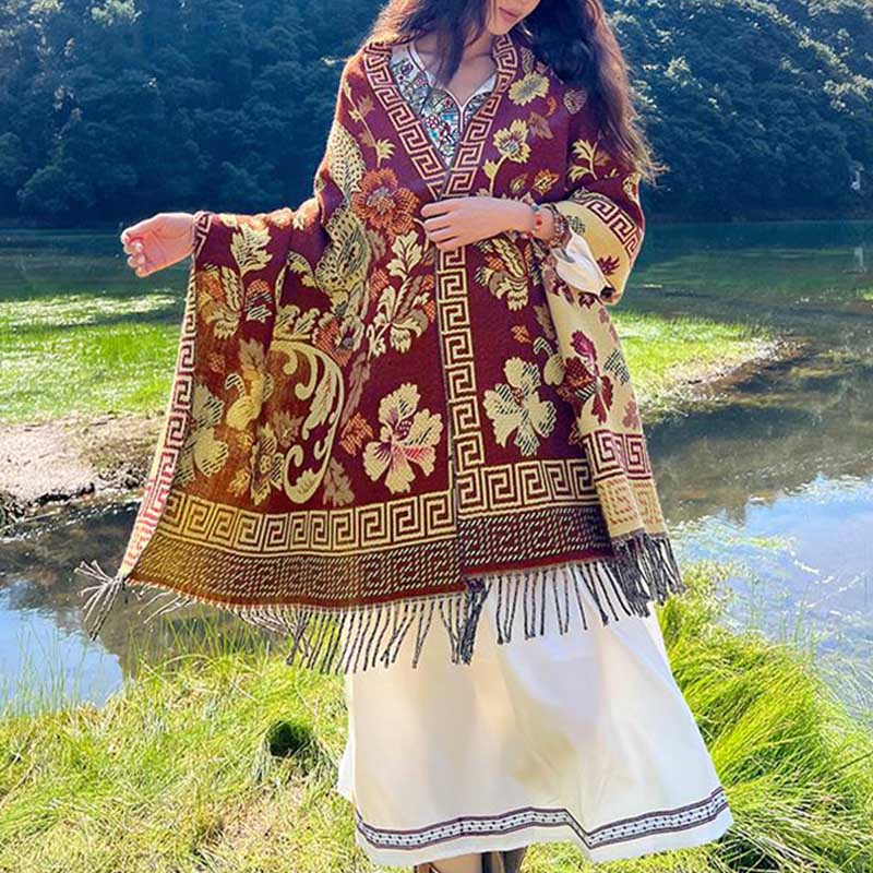 BWOOOH Tibetan Flowers Leaves Pattern Design Shawl Cozy T