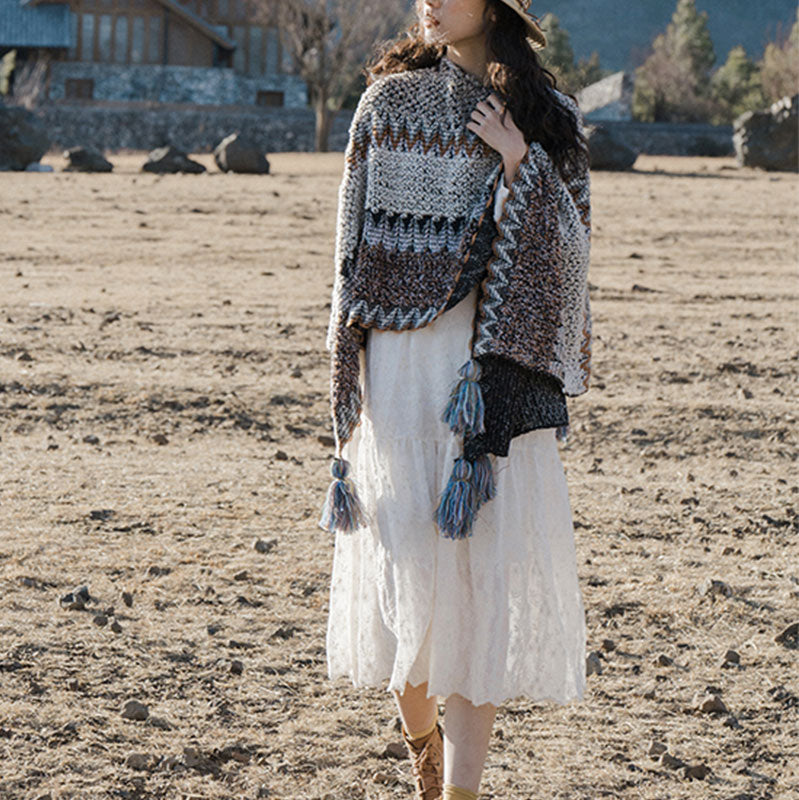 BWOOOH Tibetan Shawl Gray Brown Striped Knitted Tassels W