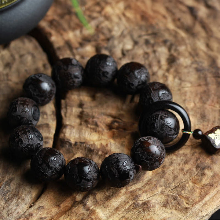 BWOOOH Ebony Wood Chinese Character Yin Yang Engraved Gourd Balance Bracelet