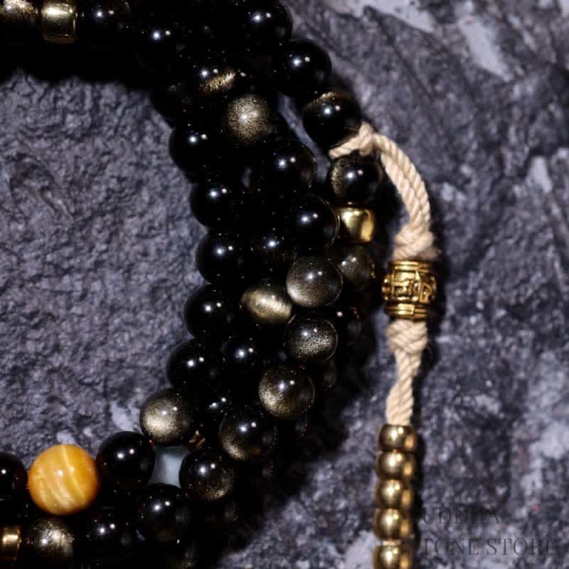 BWOOOH 108 Mala Beads Gold Sheen Obsidian Tiger Eye Eagle&