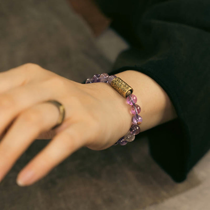 BWOOOH White Crystal Red Hematoid Quartz Gold Rutilated Quartz Purple Phantom Protection Bracelet