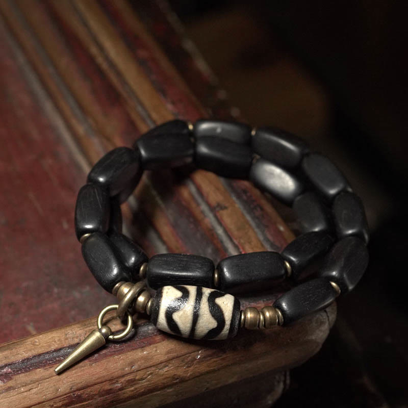 BWOOOH Tibet Ebony Wood Dzi Bead Copper Balance Double Wrap Bracelet
