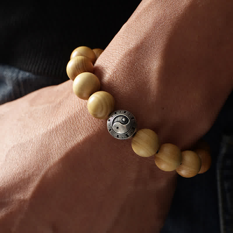BWOOOH Tibet Peach Wood Lotus Cinnabar Bagua Yin Yang Luck Wealth Bracelet