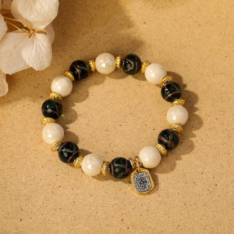 BWOOOH Tibetan Zakiram Goddess of Wealth Charm Liuli Glass Incense Ash Porcelain Bead Protection Bracelet