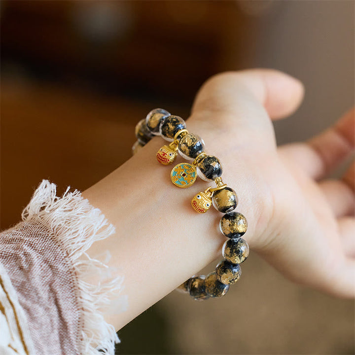 BWOOOH Gold Swallowing Beast Copper Coin Good Luck Charm Liuli Glass Bead Fortune Bracelet