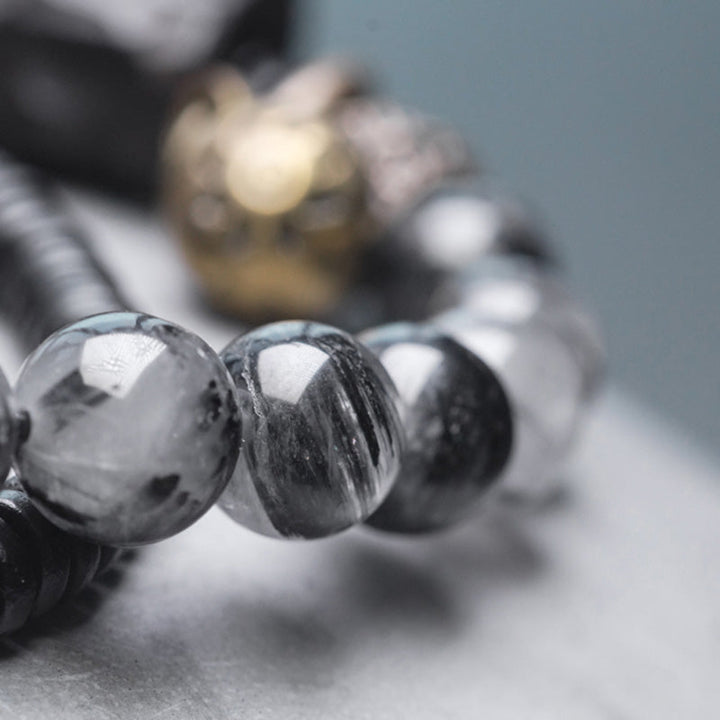 BWOOOH Black Rutilated Quartz Ebony Wood Copper Wisdom Couple Bracelet