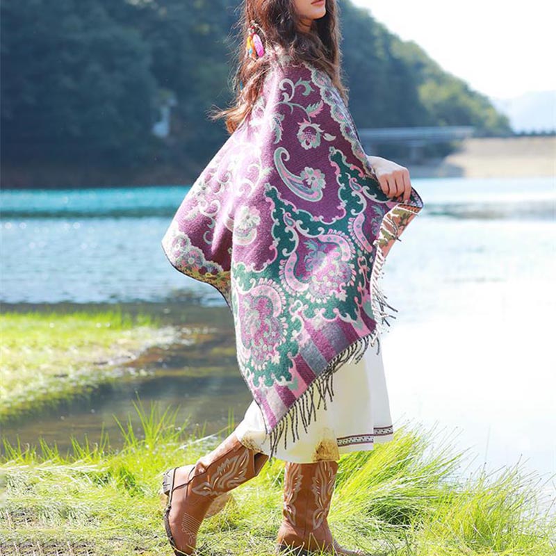 BWOOOH Tibetan Flowers Leaves Branch Design Tassel Shawl 