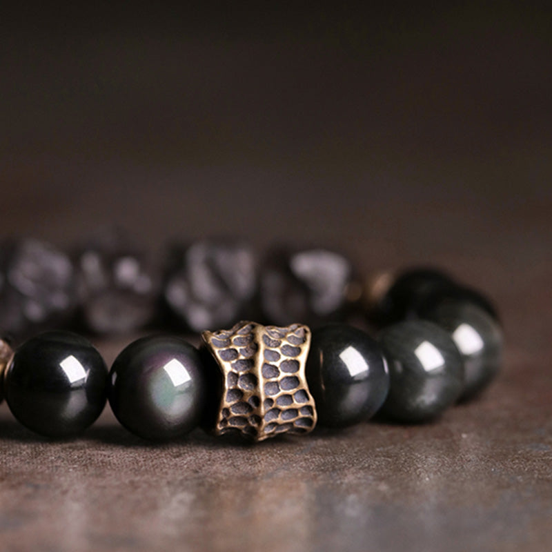 BWOOOH Black Obsidian Ebony Wood Copper Strength Couple Bracelet