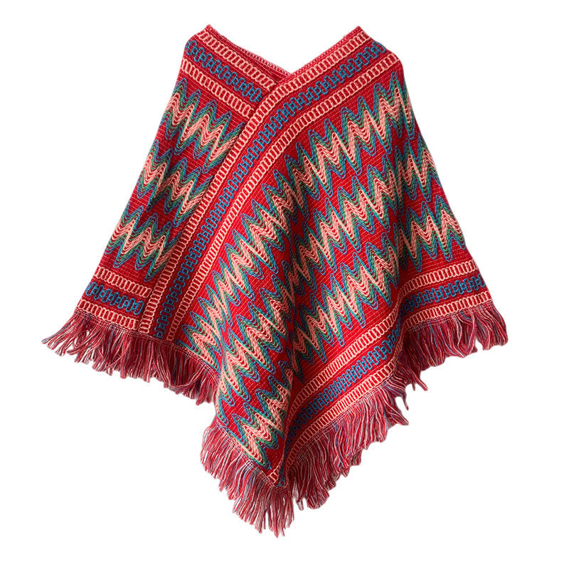 BWOOOH Tibetan Shawl Striped Knitted Tassels Pullover Win