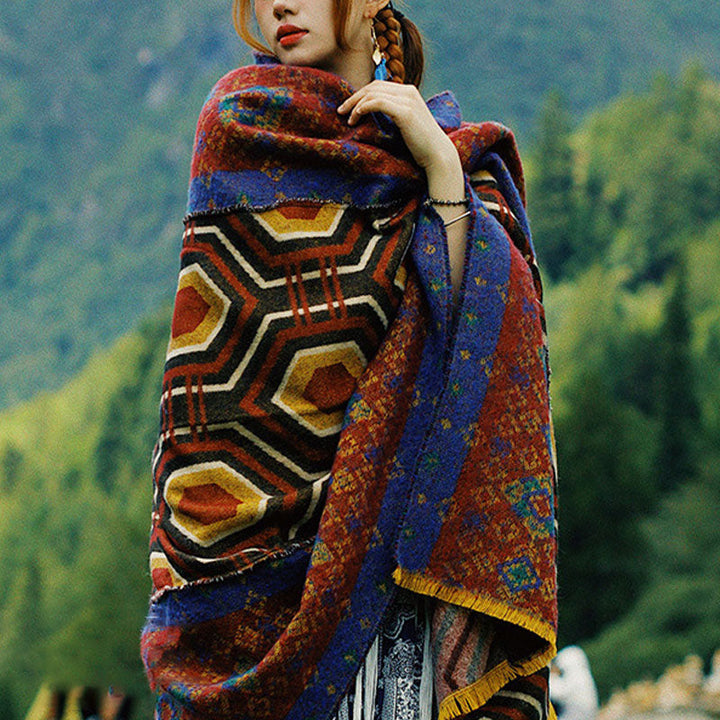 BWOOOH Tibetan Shawl Brown Blue Red Geometric Shapes Patt