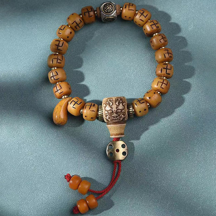 BWOOOH Natural Tibetan Camel Bone Swastika Dzi Bead Shankha Buddha Charm Kirtimukha Luck Protection Tassel Bracelet