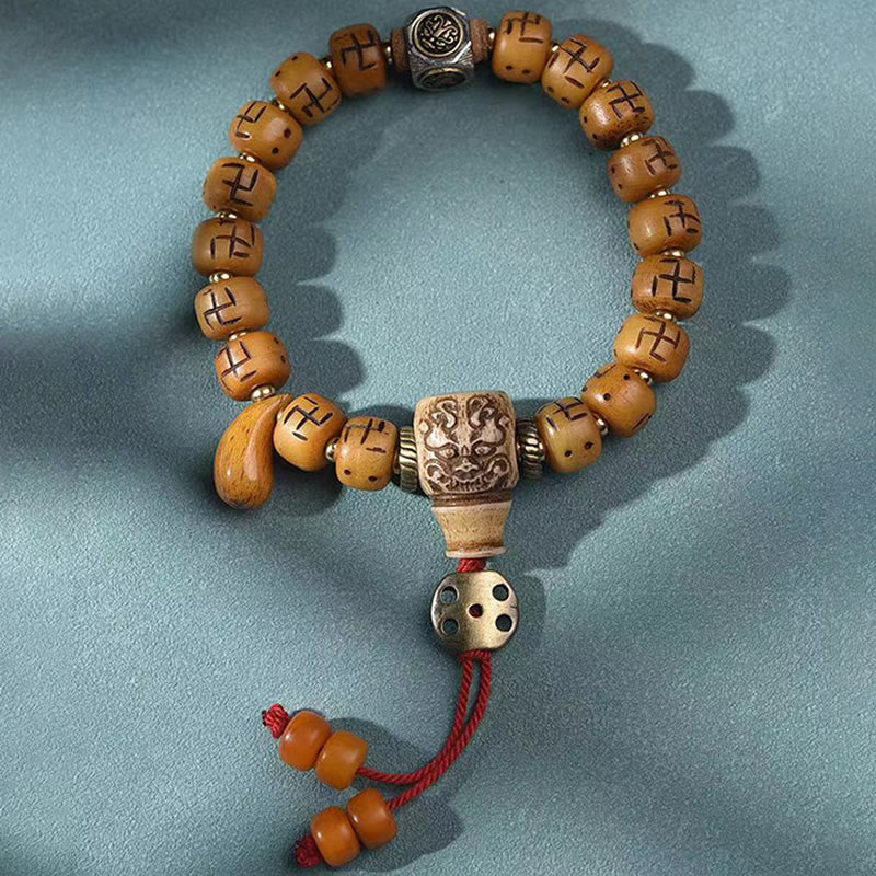 BWOOOH Natural Tibetan Camel Bone Swastika Dzi Bead Shankha Buddha Charm Kirtimukha Luck Protection Tassel Bracelet