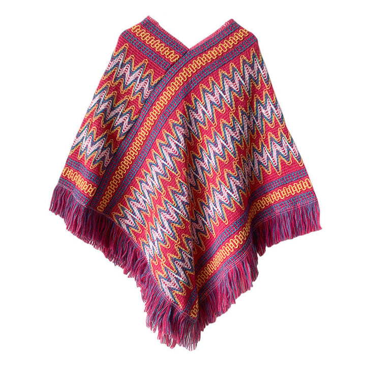 BWOOOH Tibetan Shawl Striped Knitted Tassels Pullover Win