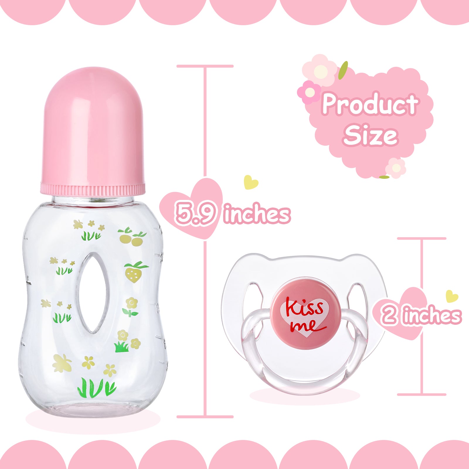 "Kiss me" Pacifier and Floral Bottle 2 Pieces Set Safe Reborn Baby Doll Accessories