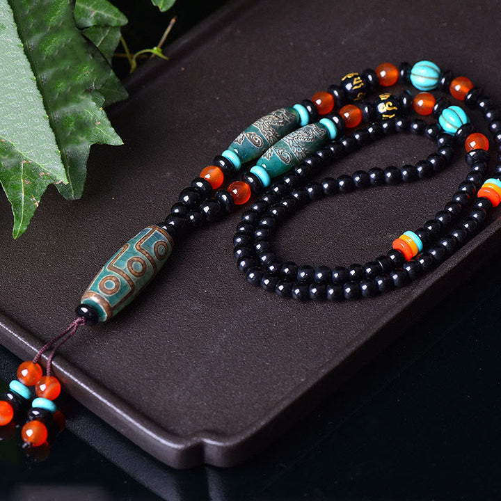 BWOOOH Tibetan Nine-Eye Dzi Bead Dragon Pattern Om Mani Padme Hum Protection Necklace Pendant