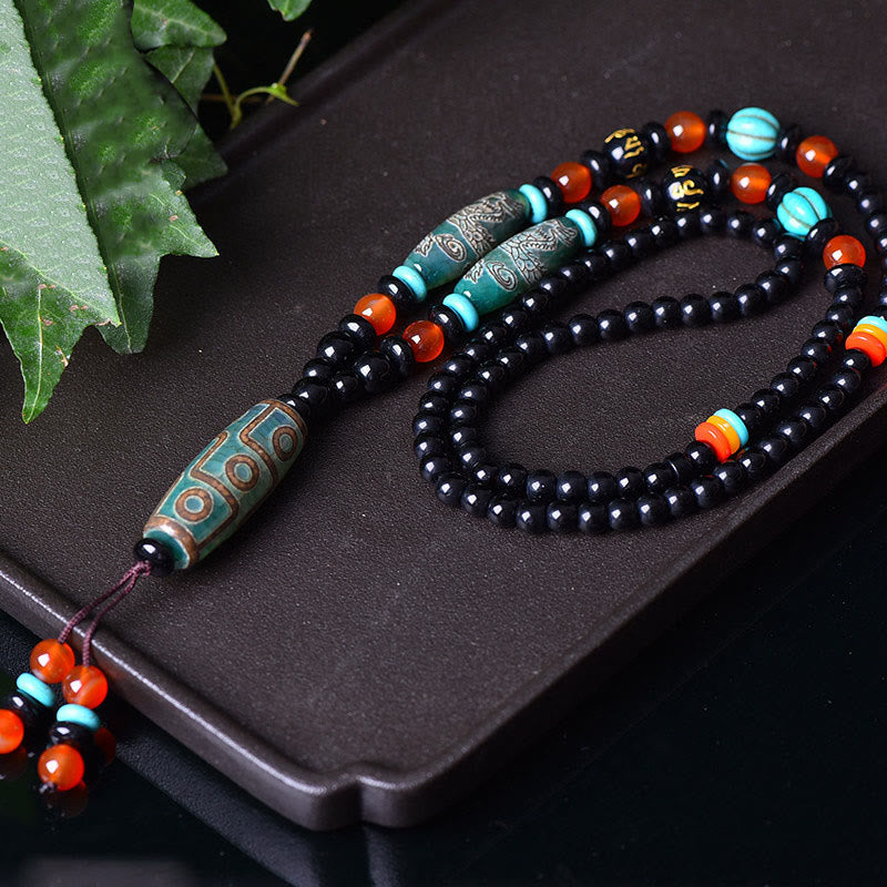 BWOOOH Tibetan Nine-Eye Dzi Bead Dragon Pattern Om Mani Padme Hum Protection Necklace Pendant