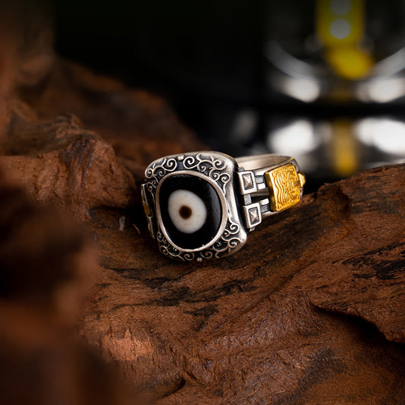BWOOOH 925 Sterling Silver Zakiram Goddess of Wealth Design Dzi Bead Protection Ring