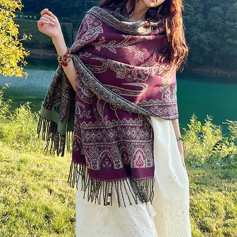 BWOOOH Vintage Tibetan Leaves Pattern Design Shawl Cozy T