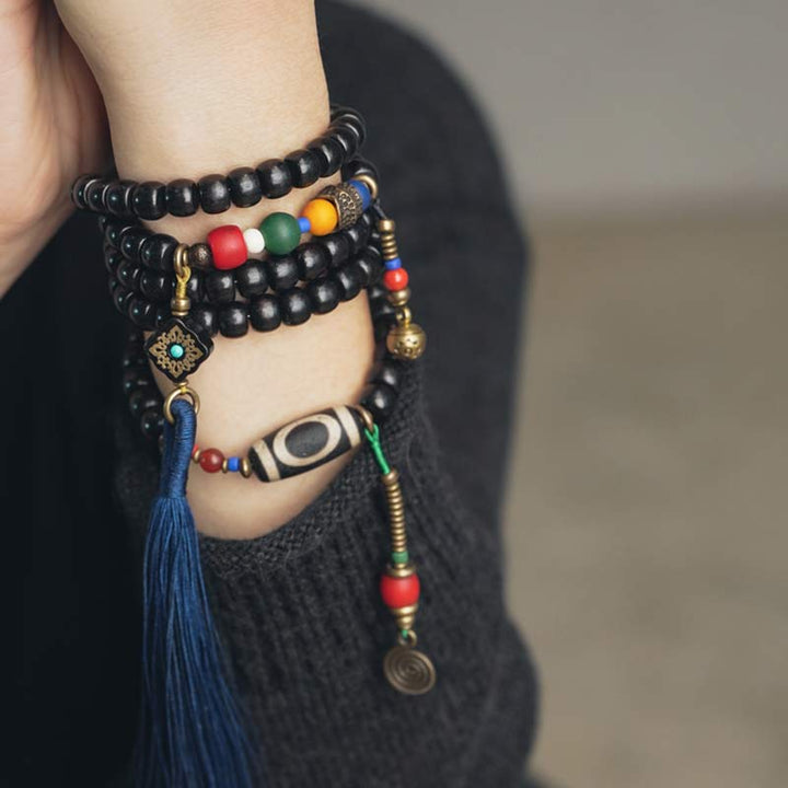 BWOOOH 108 Beads Mala Ebony Wood Dzi Bead Copper Balance Tassel Bracelet
