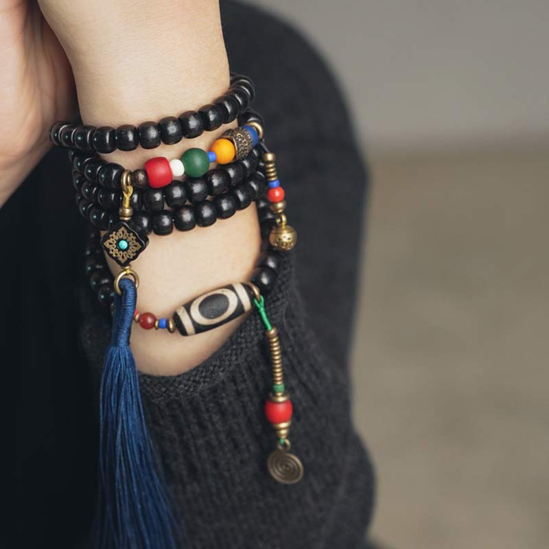 BWOOOH 108 Beads Mala Ebony Wood Dzi Bead Copper Balance Tassel Bracelet