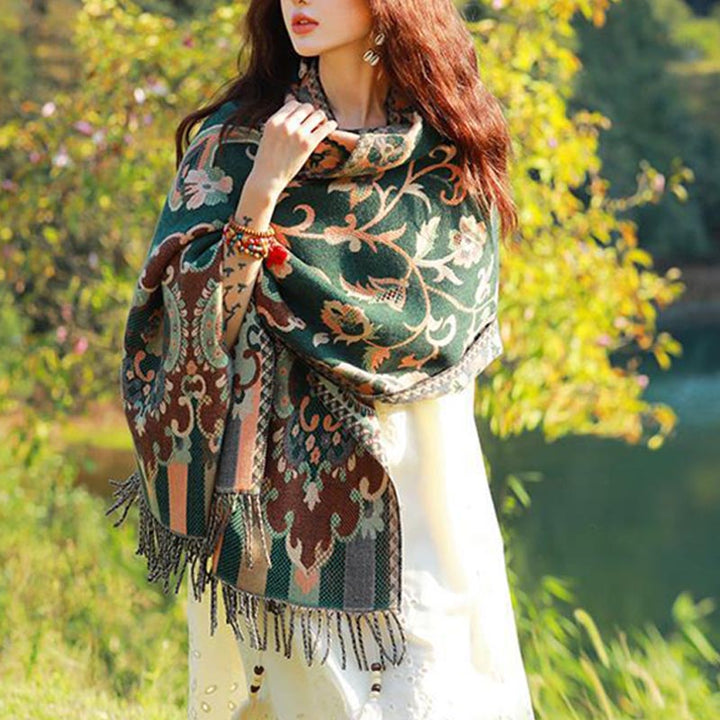 BWOOOH Tibetan Flowers Leaves Branch Design Tassel Shawl 