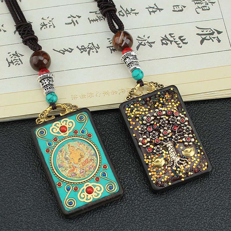 BWOOOH Tibet God Of Wealth Money Tree Golden Phoenix Thangka Ebony Peace Necklace Pendant