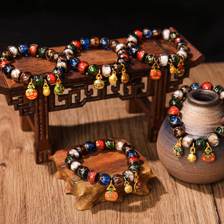BWOOOH Five Elements Gold Swallowing Beast Family Charm Liuli Glass Bead Luck Bracelet