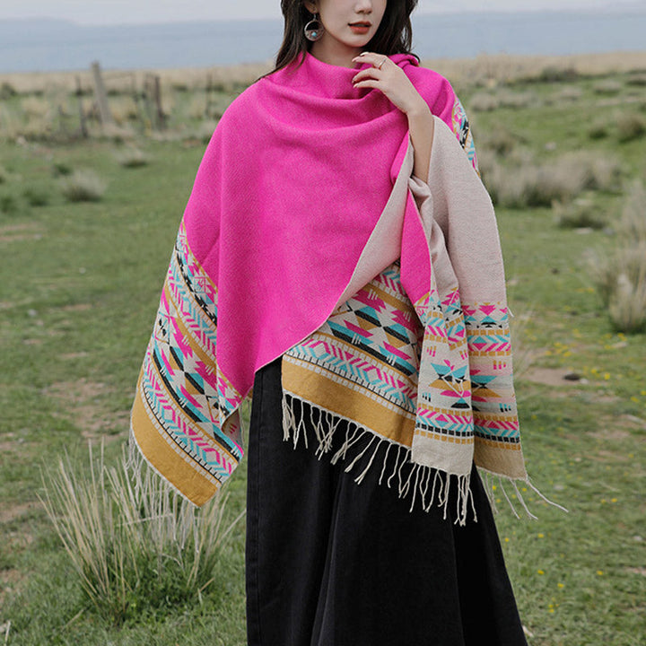 BWOOOH Tibetan Shawl Colorful Geometry Winter Cozy Travel