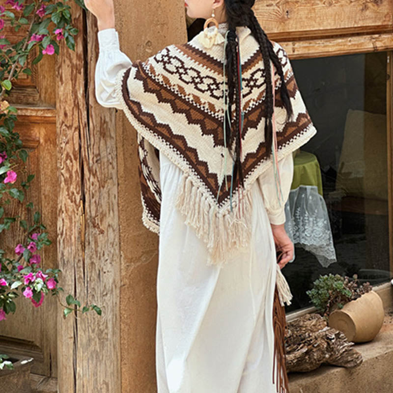BWOOOH Tibetan Striped Brown Beige Tassel Shawl Winter Co