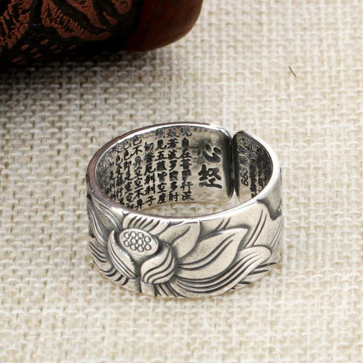 BWOOOH 999 Sterling Silver Lotus Symbol Heart Sutra Protection Ring
