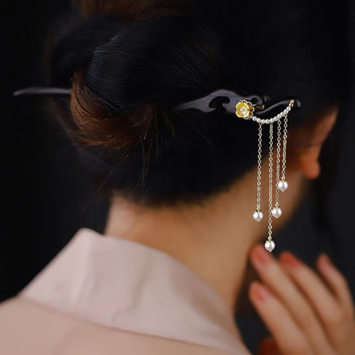 BWOOOH Ebony Wood Yellow Flower Pearl Tassels Hairpin