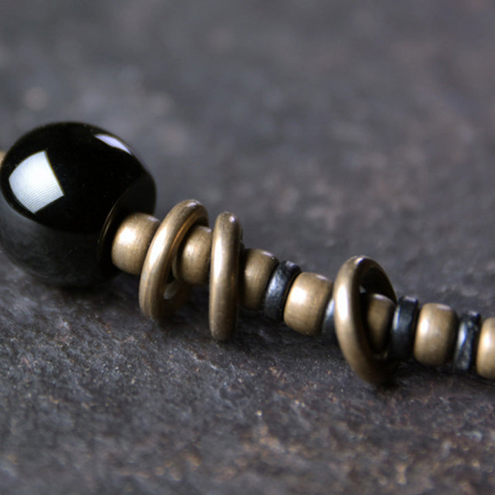 BWOOOH Ebony Wood Dzi Bead Copper Peace Couple Bracelet Necklace Pendant