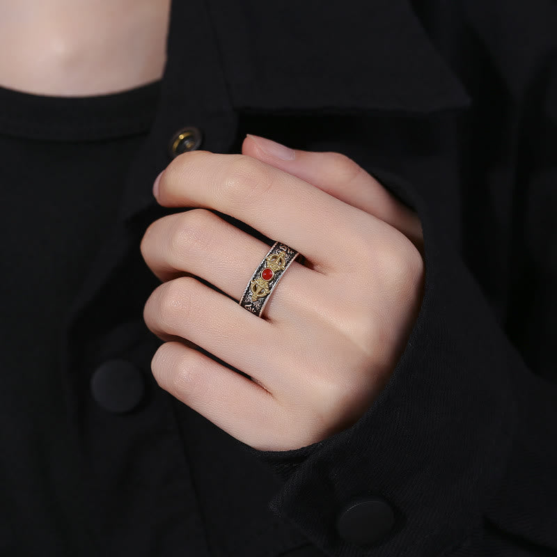 BWOOOH Tibetan Om Mani Padme Hum Red Agate Dorje Vajra Design Wisdom Ring
