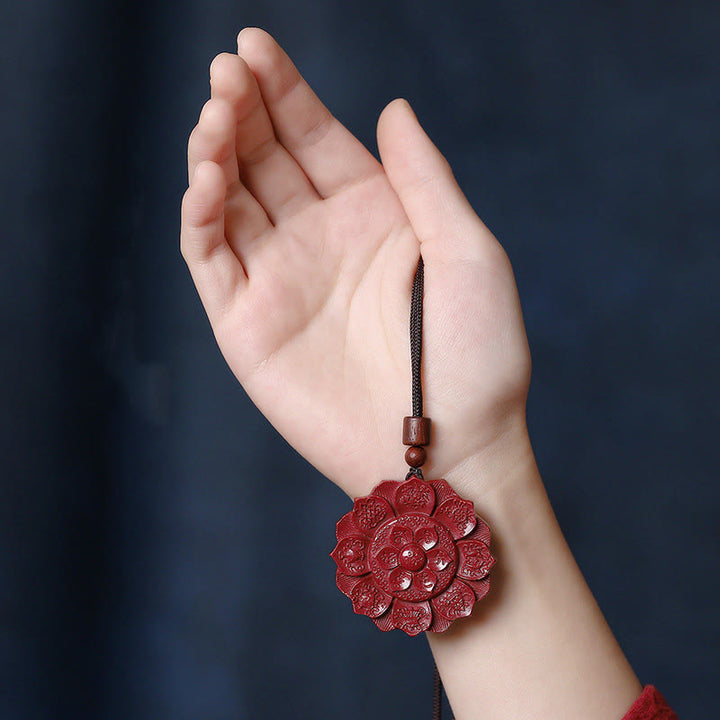 BWOOOH Natural Cinnabar Lotus Om Mani Padme Hum Blessing Necklace String Pendant