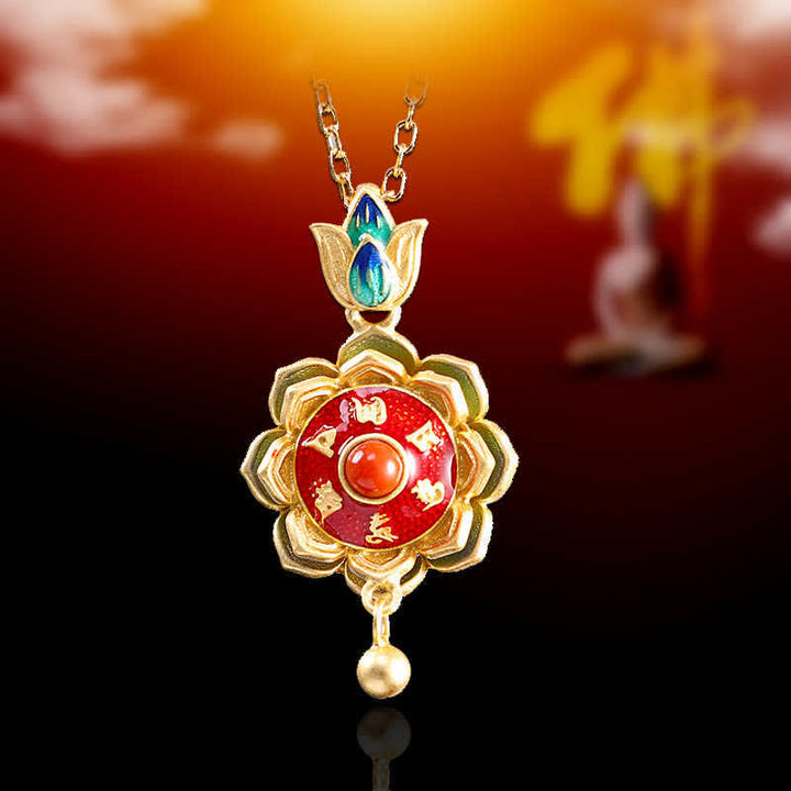 BWOOOH 925 Sterling Silver Tibet Lotus Prayer Wheel Red Agate Enlightenment Necklace Pendant