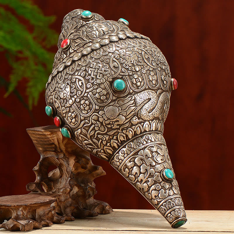 Buddha Stones Tibetan Handmade Natural Shankha Engraved Eight Auspicious Symbols Conch Shell Lucky Home Decoration