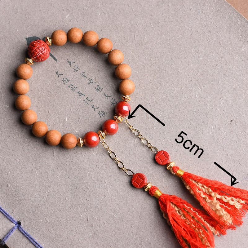 BWOOOH Tibetan Natural Peach Wood Cinnabar PiXiu Wealth Tassels Bracelet