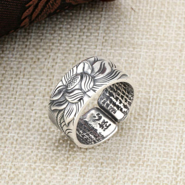 BWOOOH 999 Sterling Silver Lotus Symbol Heart Sutra Protection Ring