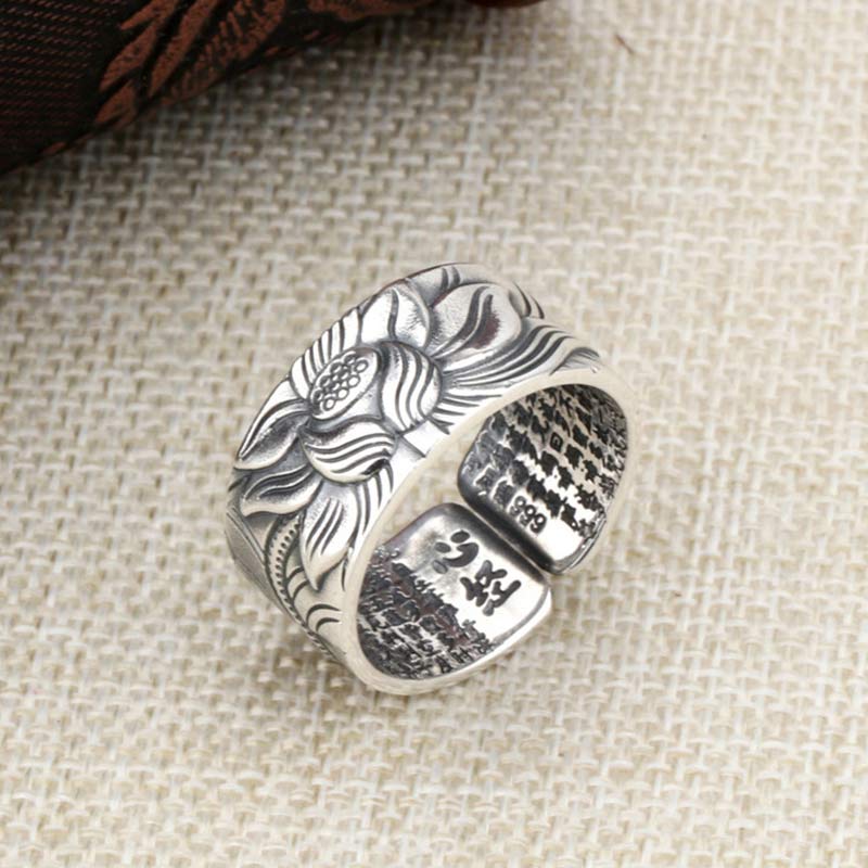 BWOOOH 999 Sterling Silver Lotus Symbol Heart Sutra Protection Ring