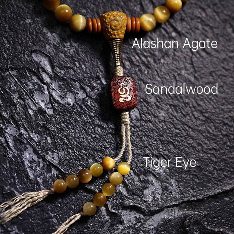 BWOOOH 108 Mala Beads Natural Tiger Eye Copper Dorje Protection Tassel Bracelet