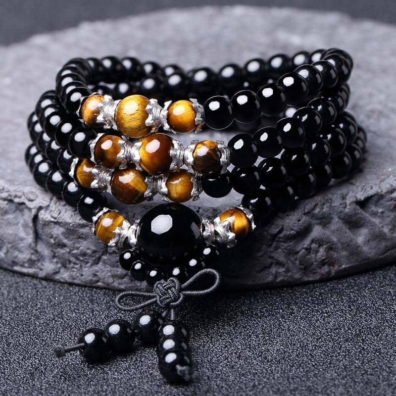 BWOOOH 108 Beads Natural Black Obsidian Tiger Eye Red Agate Mala Bracelet