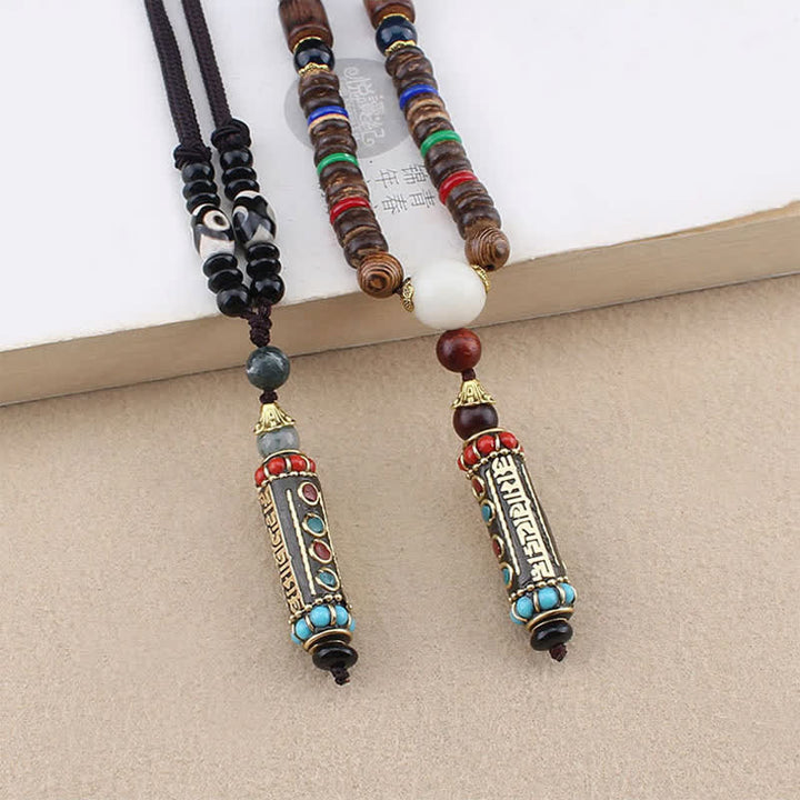 BWOOOH Tibetan Om Mani Padme Hum Dzi Bead Wenge Wood Necklace Pendant