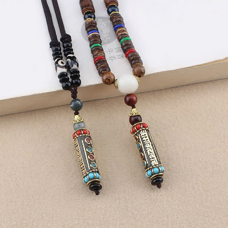 BWOOOH Tibetan Om Mani Padme Hum Dzi Bead Wenge Wood Necklace Pendant