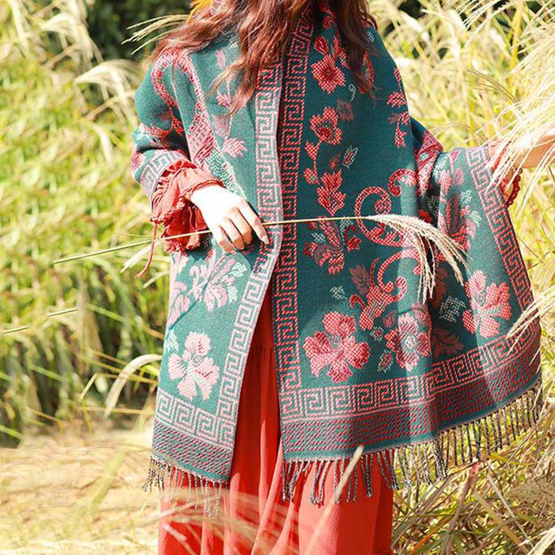 BWOOOH Tibetan Flowers Leaves Pattern Design Shawl Cozy T