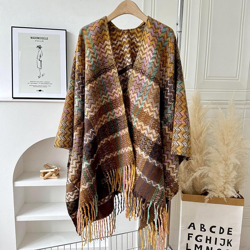 BWOOOH Tibetan Shawl Colorful Wavy Striped Shapes Tassels
